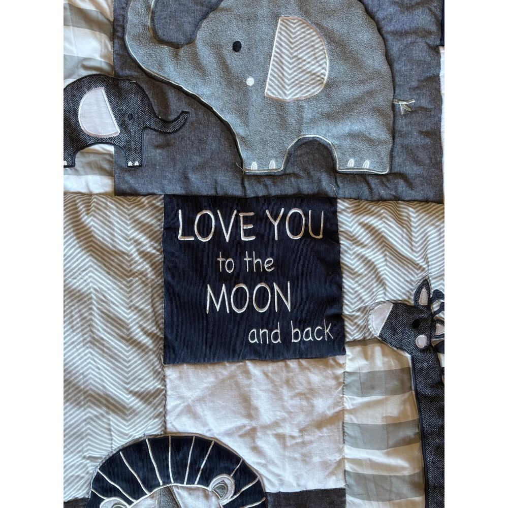 NOJO Quilted Baby Blanket Blue Gray White Tigers Giraffes Elephants